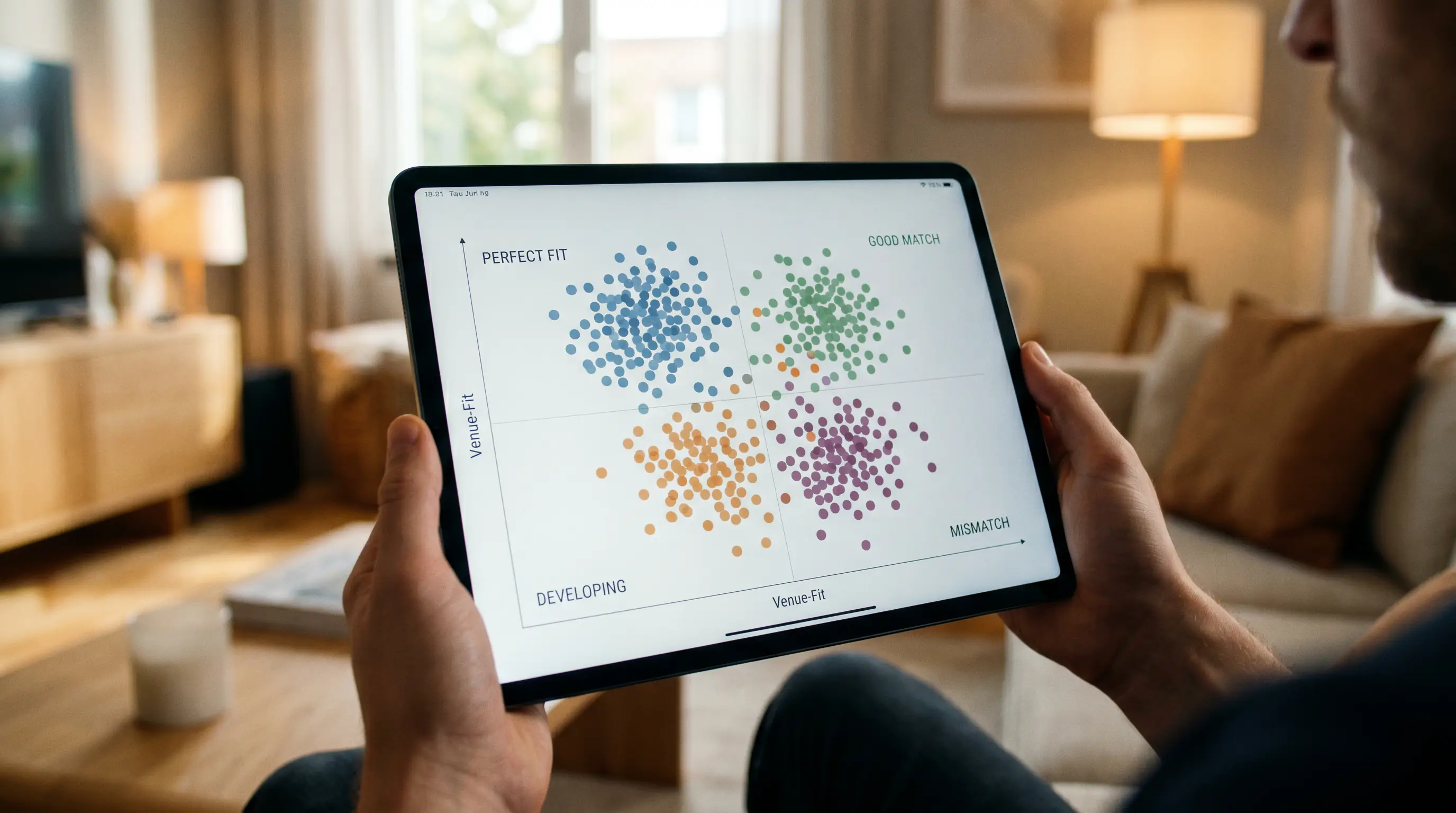 Simple scatter plot showing venue-fit clusters across tour players on a tablet