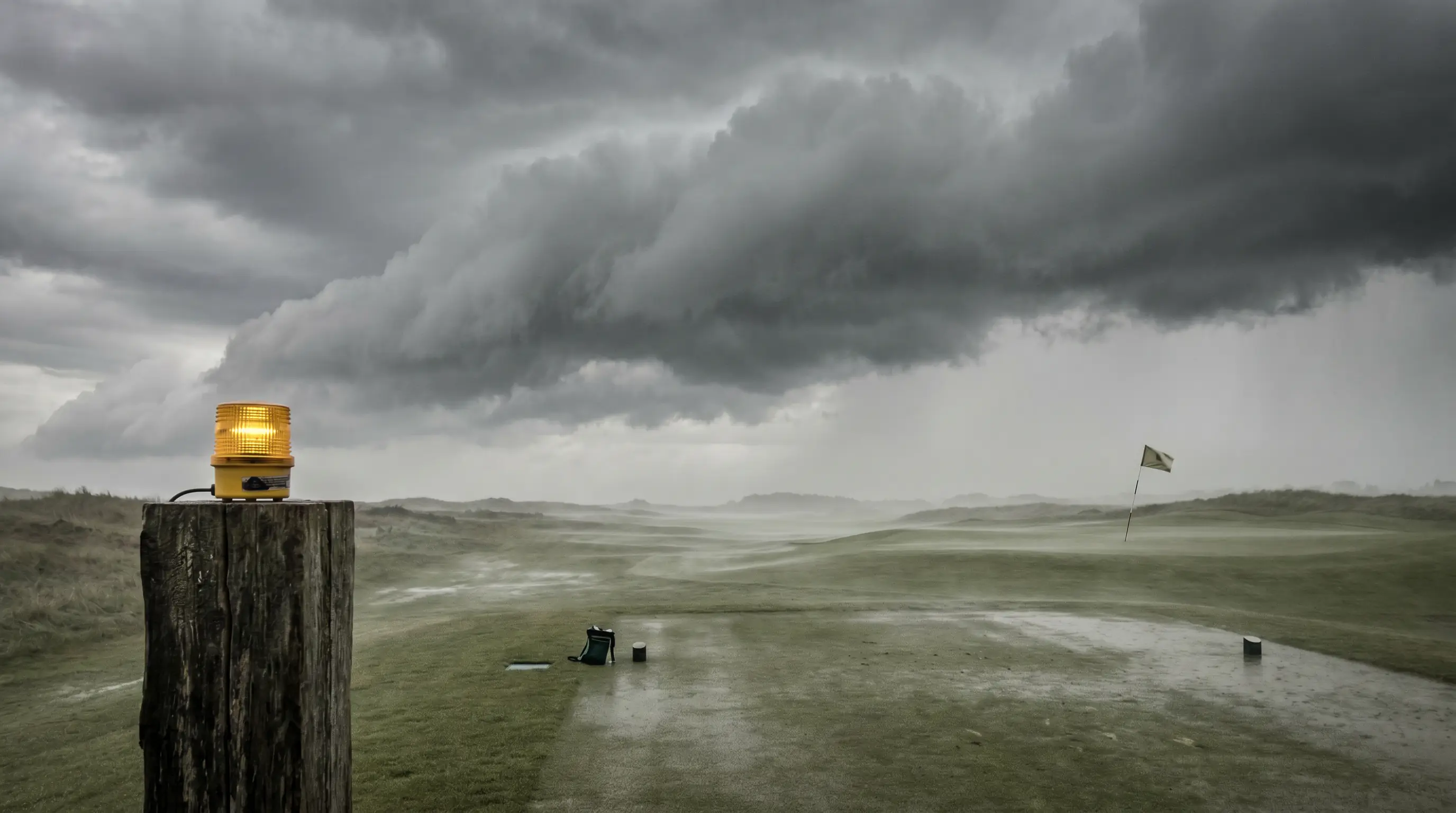 Stormy sky over a golf course with weather warning lights during tournament suspension