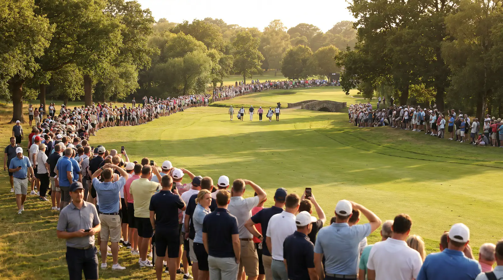 Heavy Saturday afternoon gallery crowd at a UK golf tournament