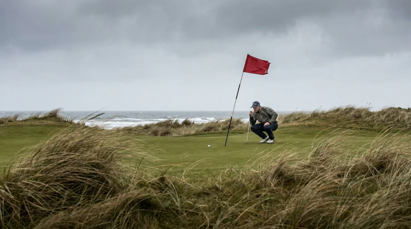 Pin flag bending in strong wind on a links green with a professional golfer reading his line